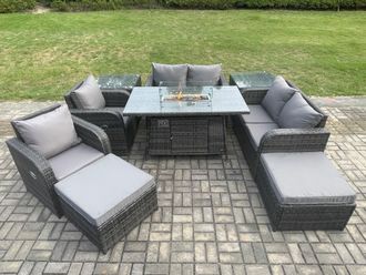 Fimous 8 Seater Rattan Garden Furniture Set Outdoor Propane Gas Fire Pit Table & Sofa Chair set with 2 Side Tables 2 Big Footstool in Dark Grey