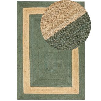 Beliani Alfombra De Yute Natural Con Patr&oacute;n Geom&eacute;trico Verde Estilo Boho 160 X 230 Cm Karakuyu