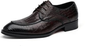 Generic Dress Oxford Shoes for Men Lace Up Crocodile Print Apron Round Toe Derby Shoes Leather Block Heel Rubber Sole Non Slip Prom(Brown,7.5 UK)