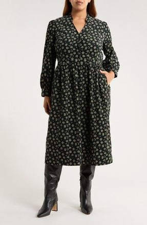 Seasalt Cornwall Rose Cottage Floral Long Sleeve Corduroy Midi Dress in Smudge Floral Onyx at Nordstrom, Size 20 Us