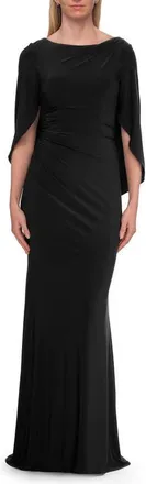La Femme Draped Cape Sleeve Jersey Gown with Ruched Bodice in Black at Nordstrom, Size 18