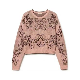Twinset Geborduurd gebreid trui - Dames - Ronde hals truien - Roze - S - Wol - Truien & Vesten