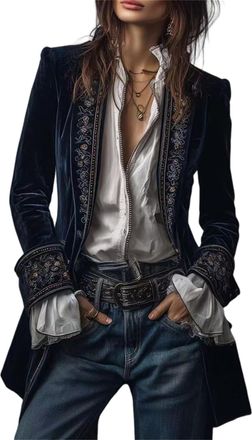 Generic Vintage Navy Polyester Velvet Embroidered Long Jacket, Solid V-Neck Retro Boho Blouse Top Velvet Blazer Women Vintage (Blue,XL)