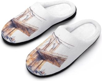 Generic Watercolor Painting of Brooklyn Bridge Mens Slippers Memory Foam Winter Warm Sandals Slip On House Shoes Size 7-14