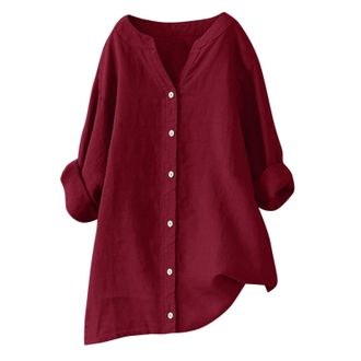 Generic Oversize Shirts for Women UK - Linen Tops for Women UK Plus Size - V Neck Tops Summer Cotton Linen Loose Blouse Summer Shirts Long Sleeve Top 3/4 Slee