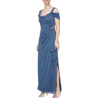 Alex Evenings Embellished Cold Shoulder Column Evening Gown in Wedgewood at Nordstrom, Size 14