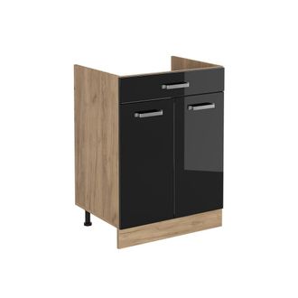 Vicco Mueble Bajo De Cocina R-line, Negro Brillo Intenso/roble Dorado, 60 Cm Con Caj&oacute;n Sin Encimera, Vicco