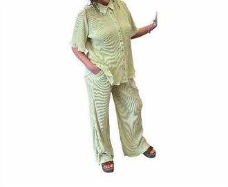 She + Sky Plisse Button Down Top With Pants In Lime