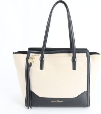 Ferragamo Gancini Ivory Navy Leather Canvas Handbag Shoulder Bag Tote Bag (Pre-Owned)