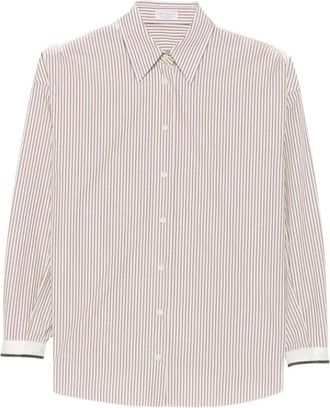 Brunello Cucinelli Vertical-Stripe Cotton Shirt - Dames - Overhemden - Bruin - M - Katoen - Overhemden