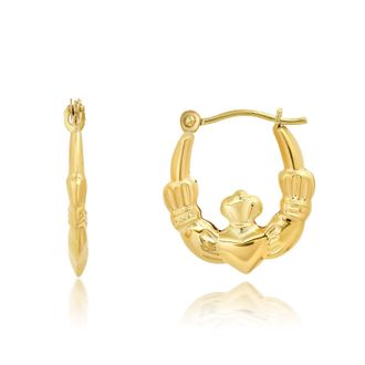 MAX + STONE Solid 14K Yellow Gold 16MM Claddagh Hoop Earrings with Click-top Closure