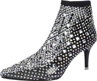 Generic Womens Fashion Pointed Toe Stiletto Heel Rhinestone Sandals with Fishnet and Elastic Socks (Black, 6.5)