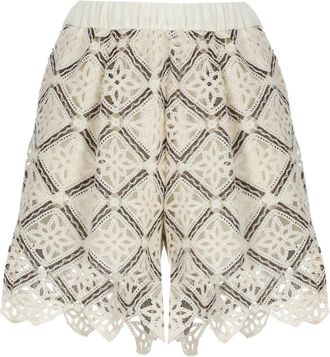 Herno Gehaakte Shorts met Geschulpte Rand - Dames - Bermuda - Beige - M - Katoen - Korte Broeken