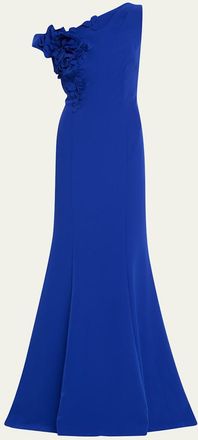 Teri Jon One-Shoulder Floral Applique Crepe Mermaid Gown