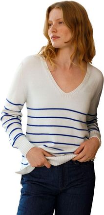 Celtic & Co. Merino V-Neck Sweater in Ecru Cobalt Stripe at Nordstrom, Size X-Large