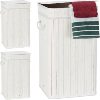 Relaxdays 3 Cestos Ropa Sucia Con Tapa, Cubo Colada, Cuadrado, Canasta, Bamb&uacute;, 70 L, 63 X 36 X 36 Cm, Blanco