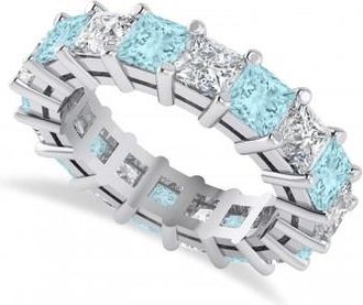 Allurez Princess Diamond & Aquamarine Wedding Band 14k White Gold (5.94ct)