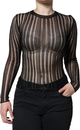 Dolce & Gabbana Womens Black Stripe See Through Long Sleeves Top Viscose Polyester Film Fiber