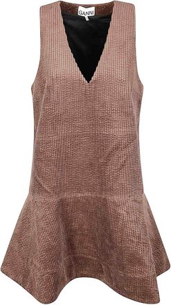 Ganni Seersucker Corduroy V-Neck Mini Dress