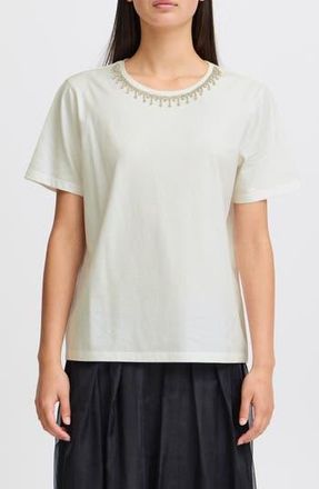 Ichi Jeweled Neckline Cotton T-Shirt in Cloud Dancer at Nordstrom Rack, Size X-Small