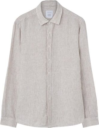 Xacus Gestreept linnen overhemd beige - Heren - Casual Overhemden - Beige - M - Linnen - Overhemden