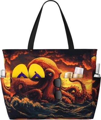 Generic Ocean Octopus Print Large Beach Bag Foldable Travel Shoulder Tote Bag With Pocket For Weekender Pool Vacation