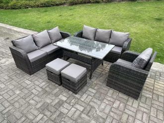 Fimous 9 Seater Rattan Garden Furniture Set Reclining Chair Lounge Sofa 3 Seater Sofa Set Outdoor Dining Table in Dark Grey