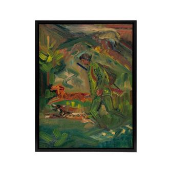 Artery8 Walking Hunter Huntsman With Dogs Kubincan Black Framed Canvas Art in Green | Size: W24 x H32