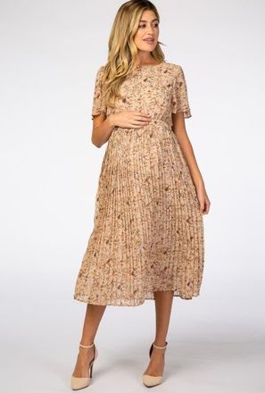 Pinkblush Floral Pleated Chiffon Midi Dress in Beige at Nordstrom, Size Medium