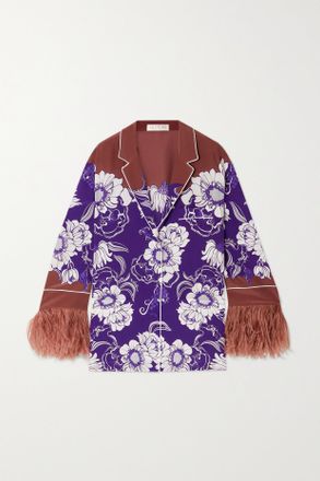 Valentino Garavani Camicia In Cr&ecirc;pe De Chine Di Seta Stampata Con Piume - Viola