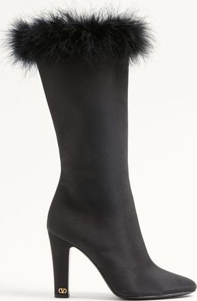 Valentino Garavani Stivale Hotty In Tessuto Shantung Con Piume 100Mm Donna NERO 36.5