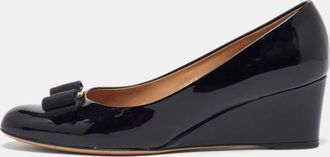 Ferragamo Black Patent Leather Flo Vara Wedge Pumps