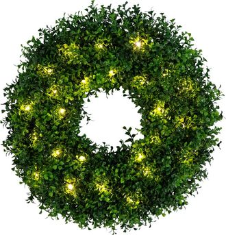 Nearly Natural 18-in Pre-Lit Artificial Boxwood Wreath with 25 Warm White LED Lights in Green at Nordstrom
