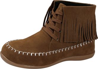 Generic Winter Ladies Retro Suede Ankle Boots with Tassel Decoration Fashion Flat Bottom Lace Up Design Comfortable Short Booties for Women Casual Wear (Brown