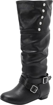 Generic Womens Retro Knee High Boots Round Toe Low Flat Heel Slip On With Pleated Detail Rivets And A Decorative Buckle