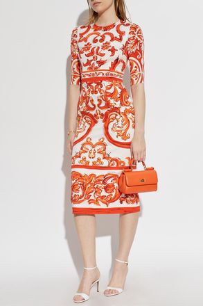 Dolce & Gabbana Silk Dress With Majolica Print, Womens, Orange