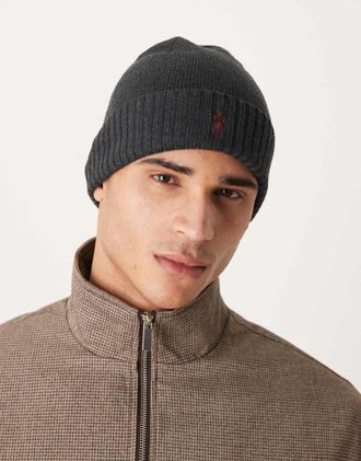 Polo Ralph Lauren Berretto in lana merino con logo a icona color antracite mélange-Grigio