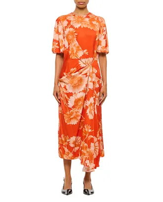 Erdem Floral Draped Midi Dress With Gathered Waist Detail