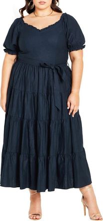 City Chic Puff Sleeve Tie Belt Midi Dress in Navy at Nordstrom, Size Xxl