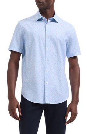 Bugatchi Miles OoohCotton Watercolor Leaf Print Short Sleeve Button-Up Shirt in Vista Blue at Nordstrom, Size Xx-Large
