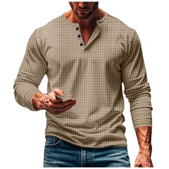 Generic Mens Long Sleeve T Shirt Casual Breathable Small Check Pattern Henley Top Summer Outdoor Relaxed Fit Comfortable Shirts for Men
