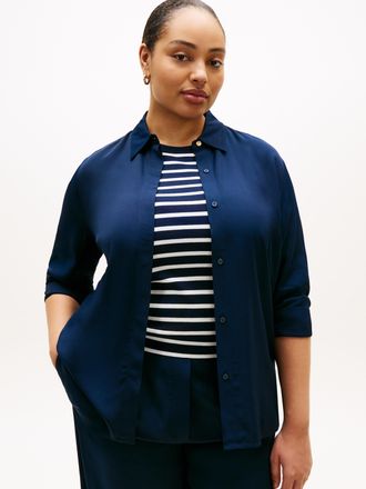 Tommy Hilfiger Hemdbluse TOMMY HILFIGER CURVE CRV VIS TWILL BUTTON UP SHIRT, Damen, Gr. 48, schwarz night navy, Web, Obermaterial: 100% Viskose, bedruckt, regular fi