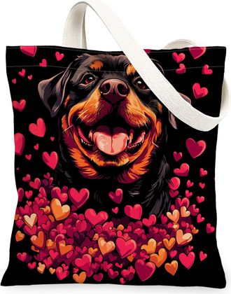 Generic Valentines Day Rottweilers Dog Canvas Tote Bag for Shopping 13x15, Fun Heart Puppy Reusable Grocery Print Pattern Bag for Women, Lover Pet Beach Aesth