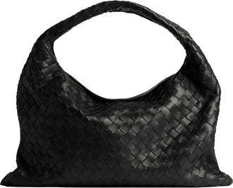 Bottega Veneta Black Leather Hop Bag With Intrecciato Weave