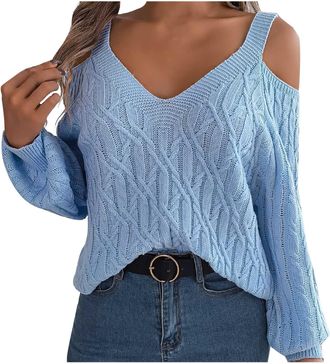 Generic Womens Sweaters Cold Shoulder Lantern Long Sleeve Jumpers Casual V Neck Chunky Knit Pullover Loose Comfort Knitwear Fall Winter Versatile Warm Tunic T