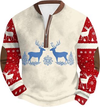 Generic Festive Holiday Print Hooded Quarter Zip Sweatshirt Cozy Fleece Pullover Top Casual Soft Warm Wear for Men Reindeer Costume Jumper Oversized Hoodie Wo