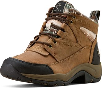 Ariat Womens Terrain Boots in Dark Tan Natural Southwest Print Leather, B Medium Width, Size 4.5, by Ariat