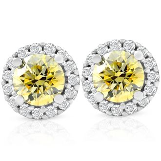 Pompeii3 1/2 Ct Halo Fancy Canary Yellow Lab Grown Diamond Studs 10k White Gold Earrings