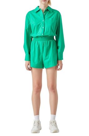 Grey Lab Oversize Long Sleeve Cotton Romper in Green at Nordstrom, Size X-Small