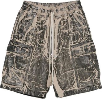 Rick Owens Korte Broeken, Heren, Grijs, M, Katoen, Zwarte Folie Print Cargo Broek